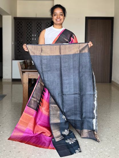 Pink, Orange and Black Tussar Silk Saree with Prints