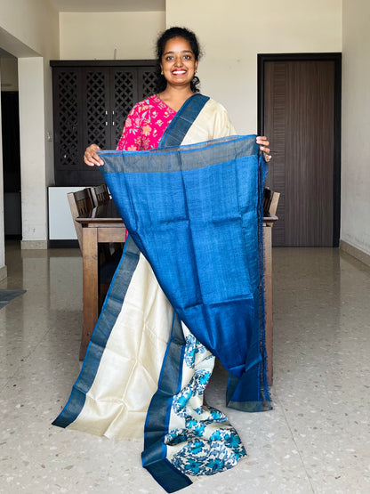 Cream and Blue Tussar Silk Saree with Prints