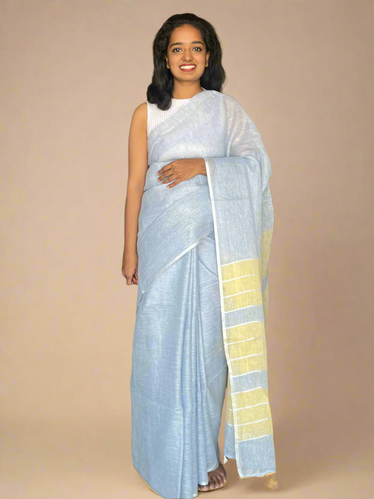 Grey and Yellow Linen Saree