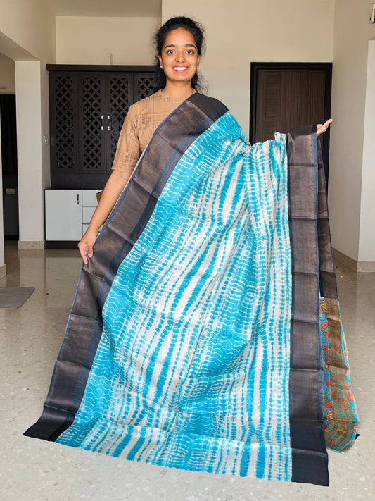 Blue Tie &  Dye Tussar Silk Saree with Prints