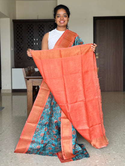 Blue and Orange Tussar Silk Saree with Prints