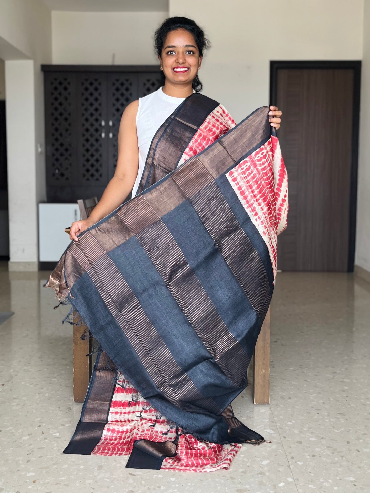 Red and Black Tussar Silk Saree with Prints