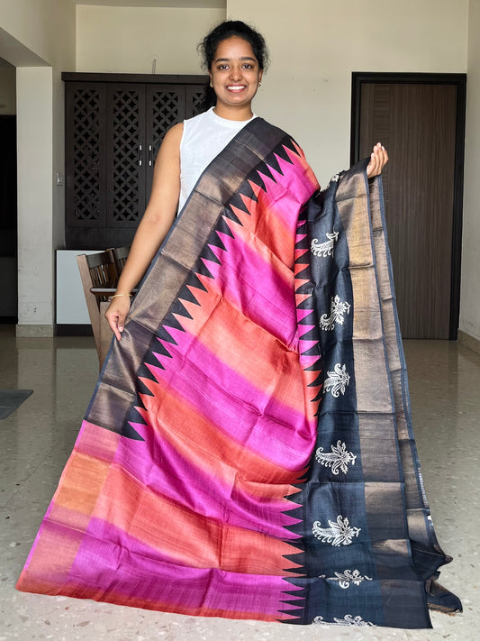 Pink, Orange and Black Tussar Silk Saree with Prints