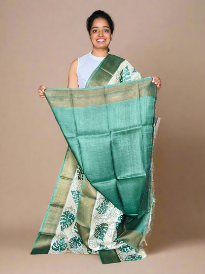 Cream and Bottle Green Tussar Silk Saree with Prints