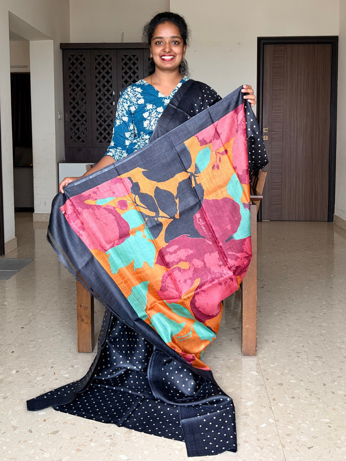 Black Tussar Silk Saree with Prints