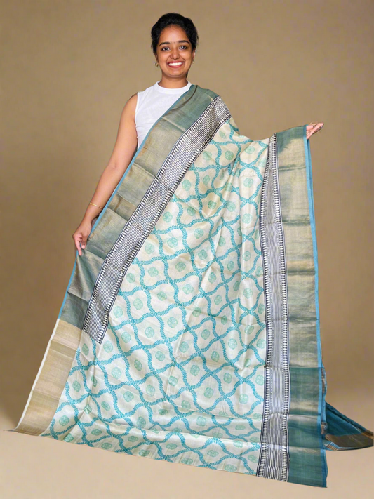 Cream, Blue and Grey Tussar Silk Saree with Prints