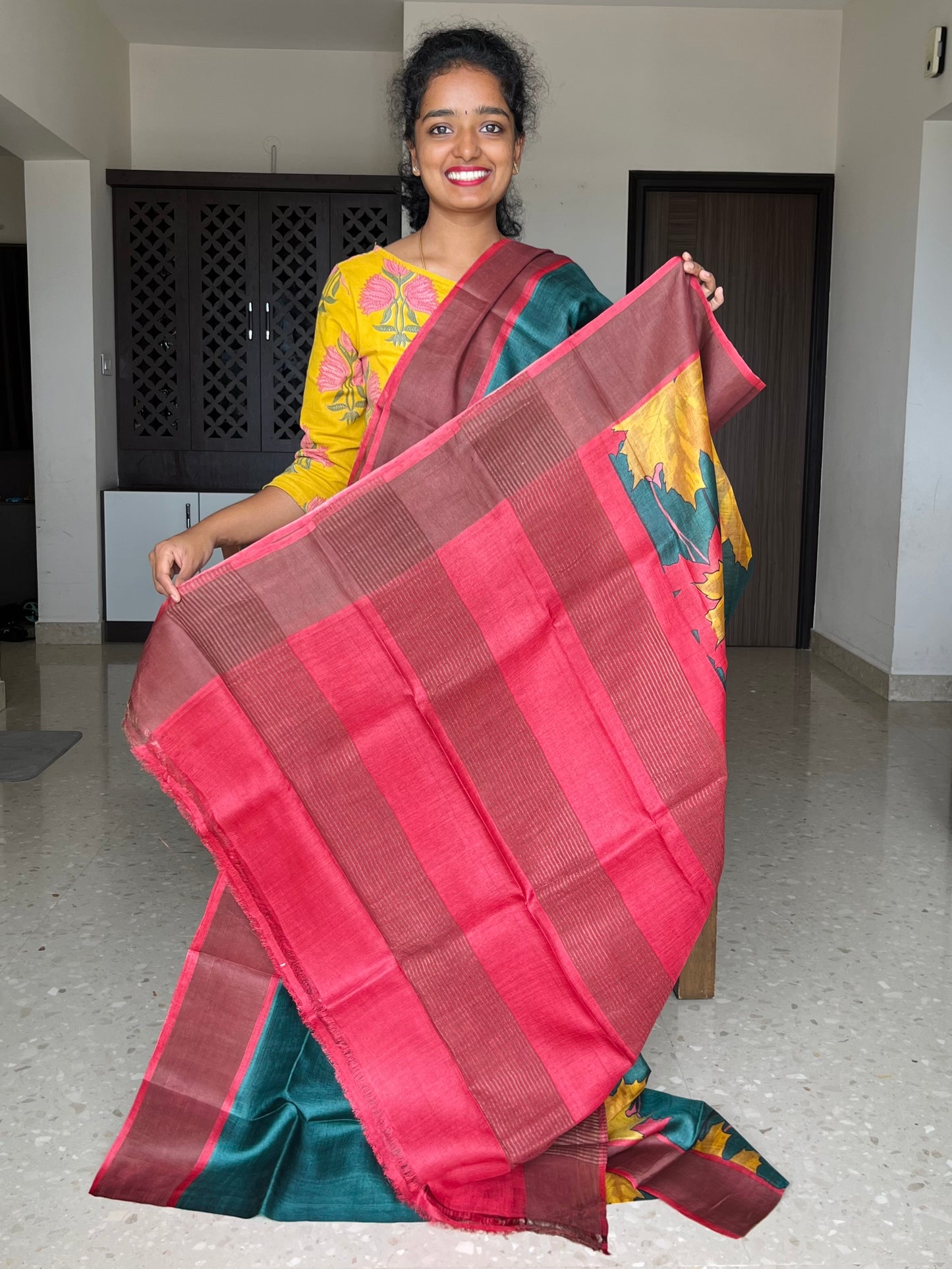 Dark Green and Red Tussar Silk Saree with Prints