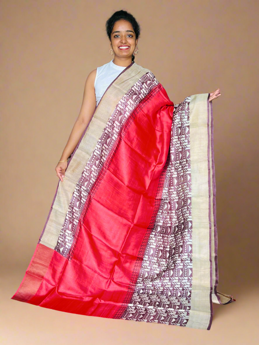 Red and Brown Tussar Silk Saree with Prints