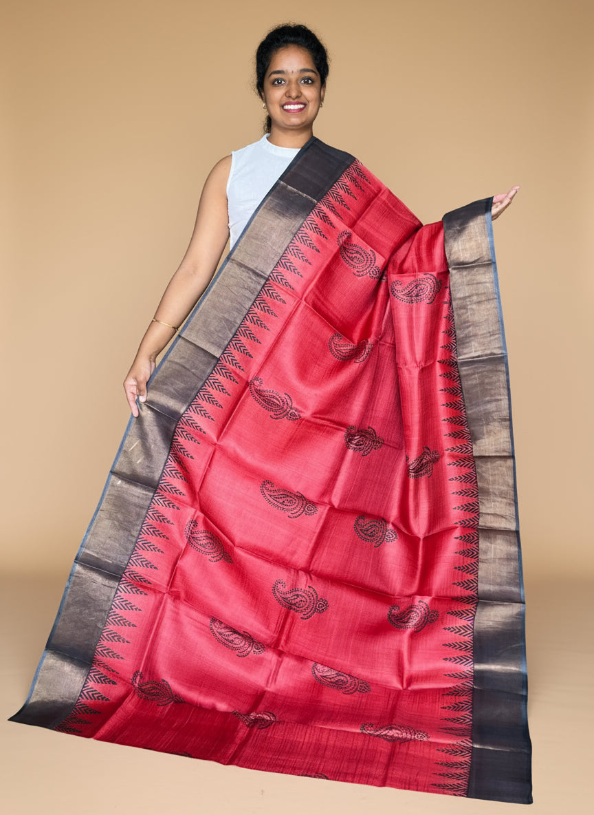 Red and Black Tussar Silk Saree with Prints