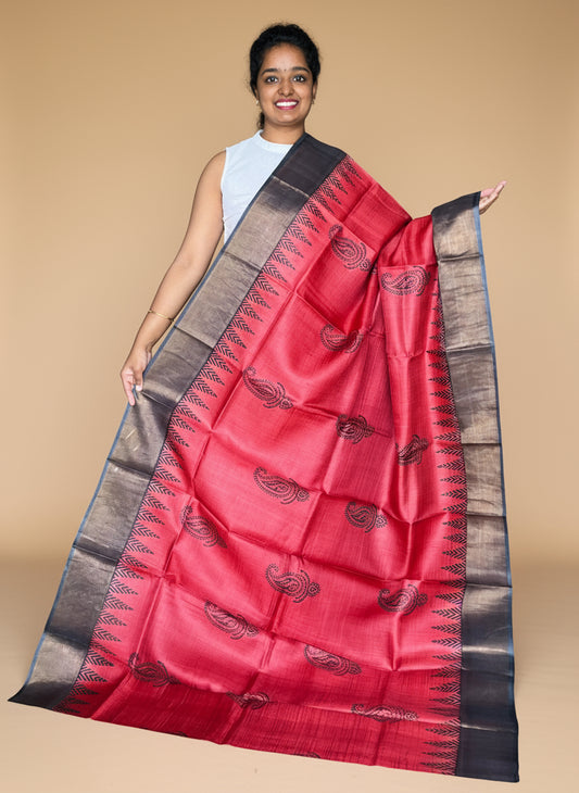 Red and Black Tussar Silk Saree with Prints