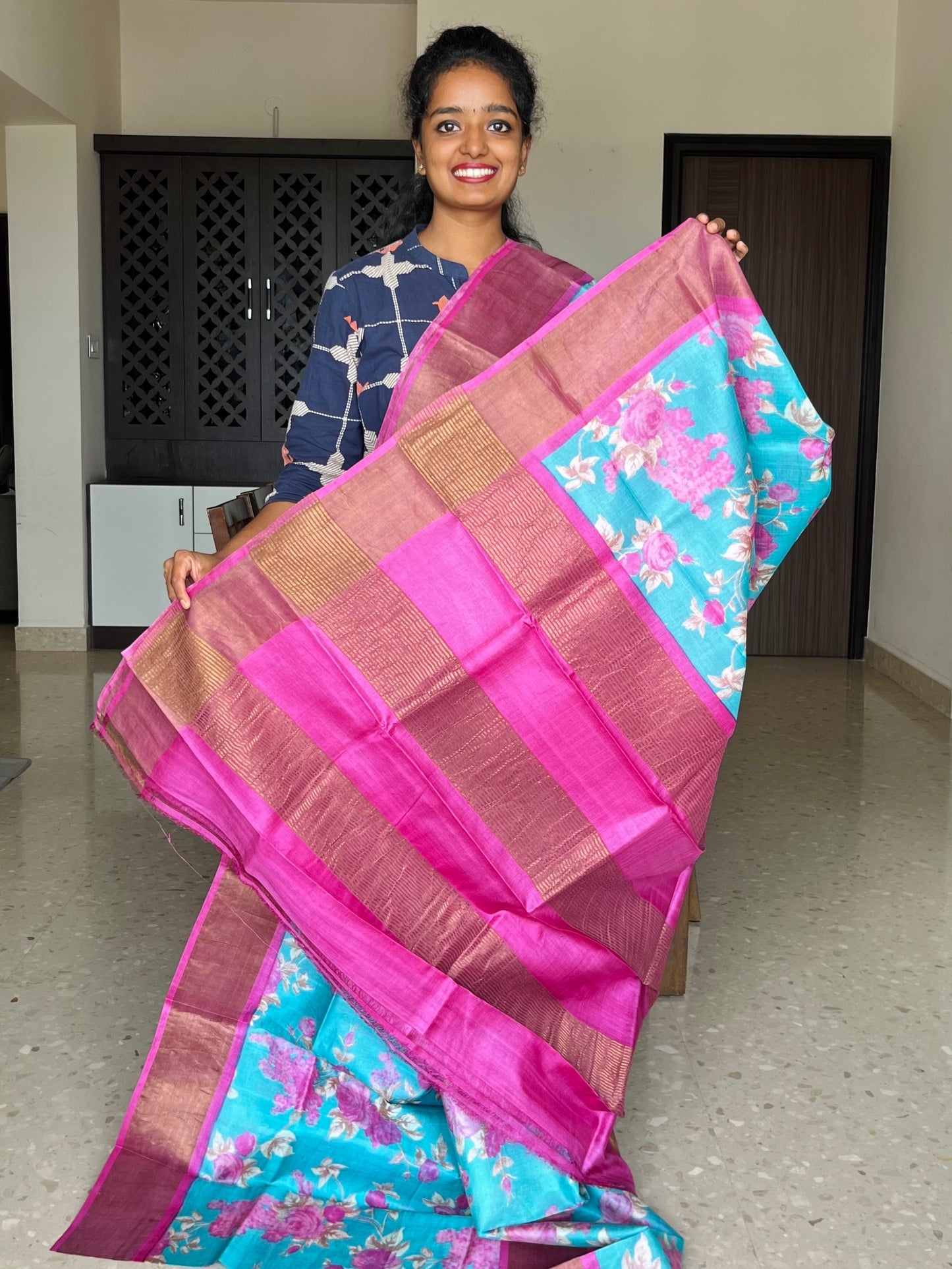 Blue and Pink Tussar Silk Saree with Prints