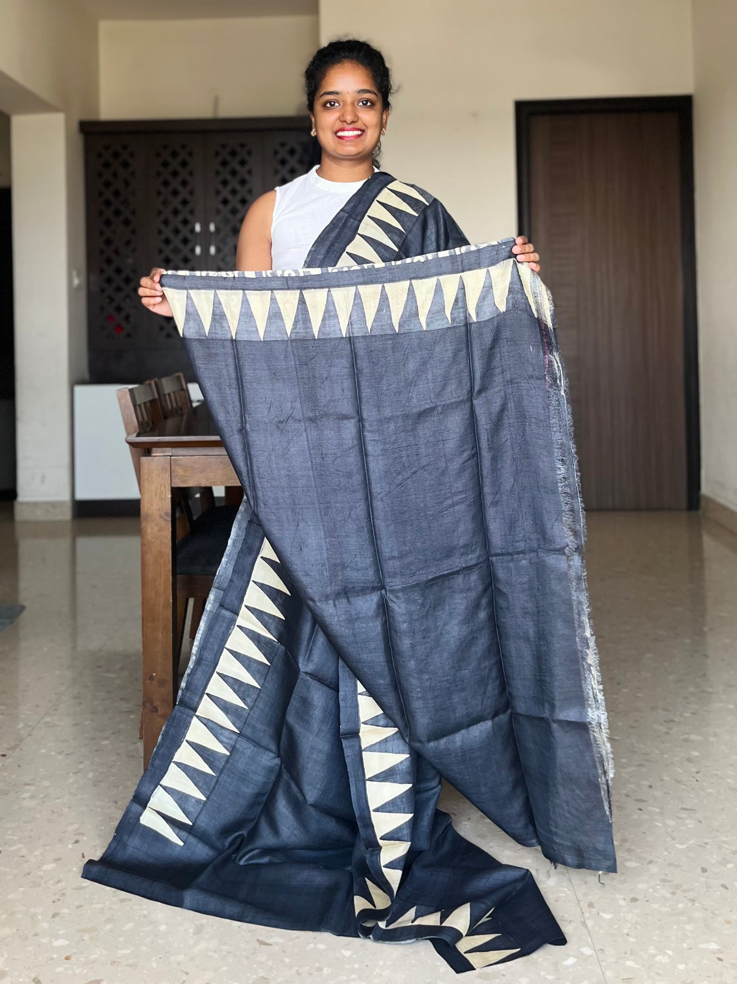 Black and White Tussar Silk Saree with Prints