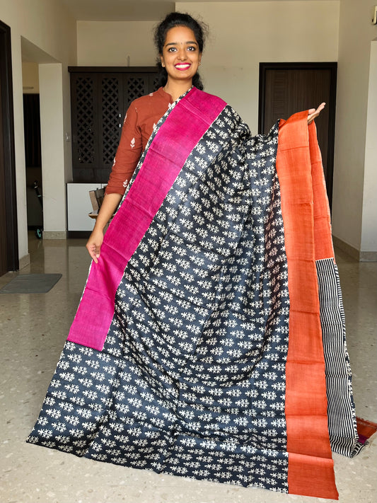 Black, Pink and Orange Tussar Silk Saree with Prints