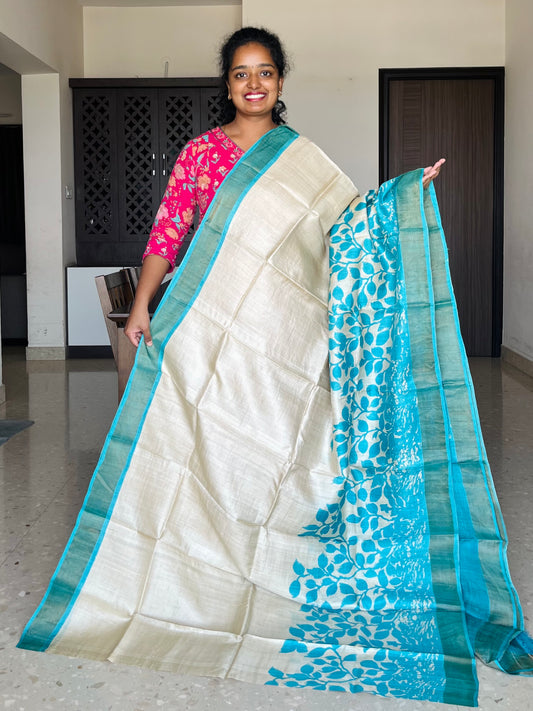 Cream and Blue Tussar Silk Saree with Prints