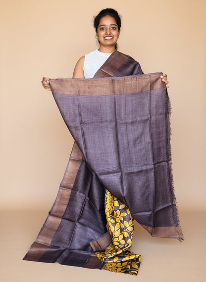 Brown and Yellow Tussar Silk Saree with Prints