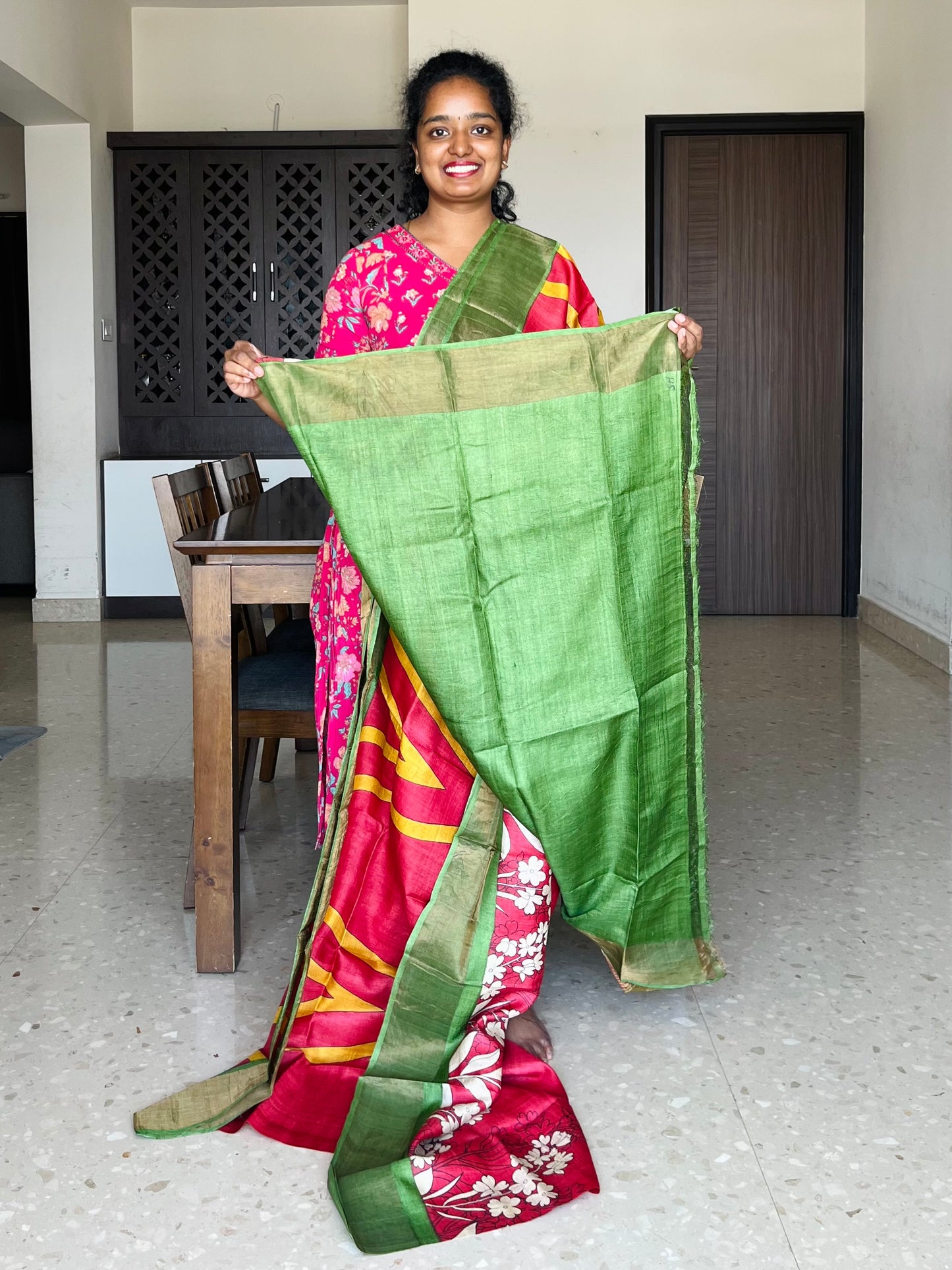 Red and Green Tussar Silk Saree with Prints
