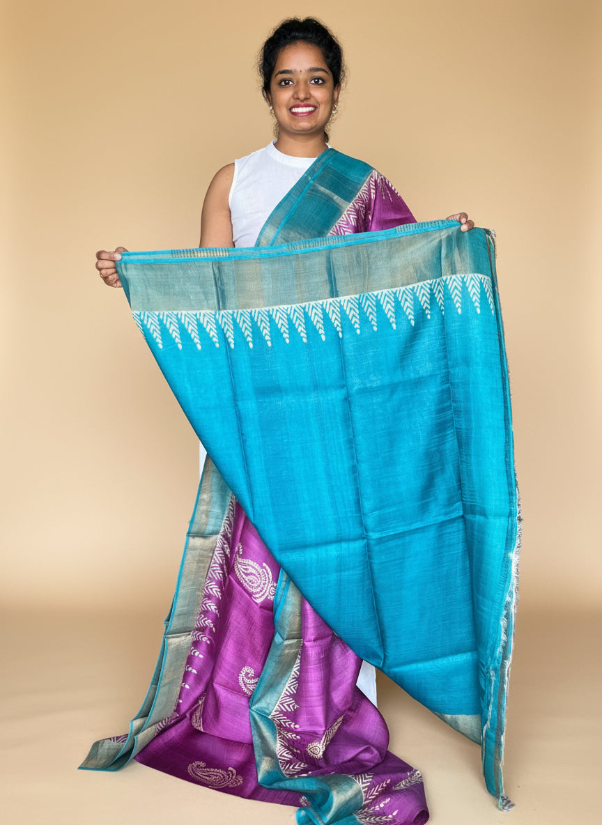 Purple and Blue Tussar Silk Saree with Prints