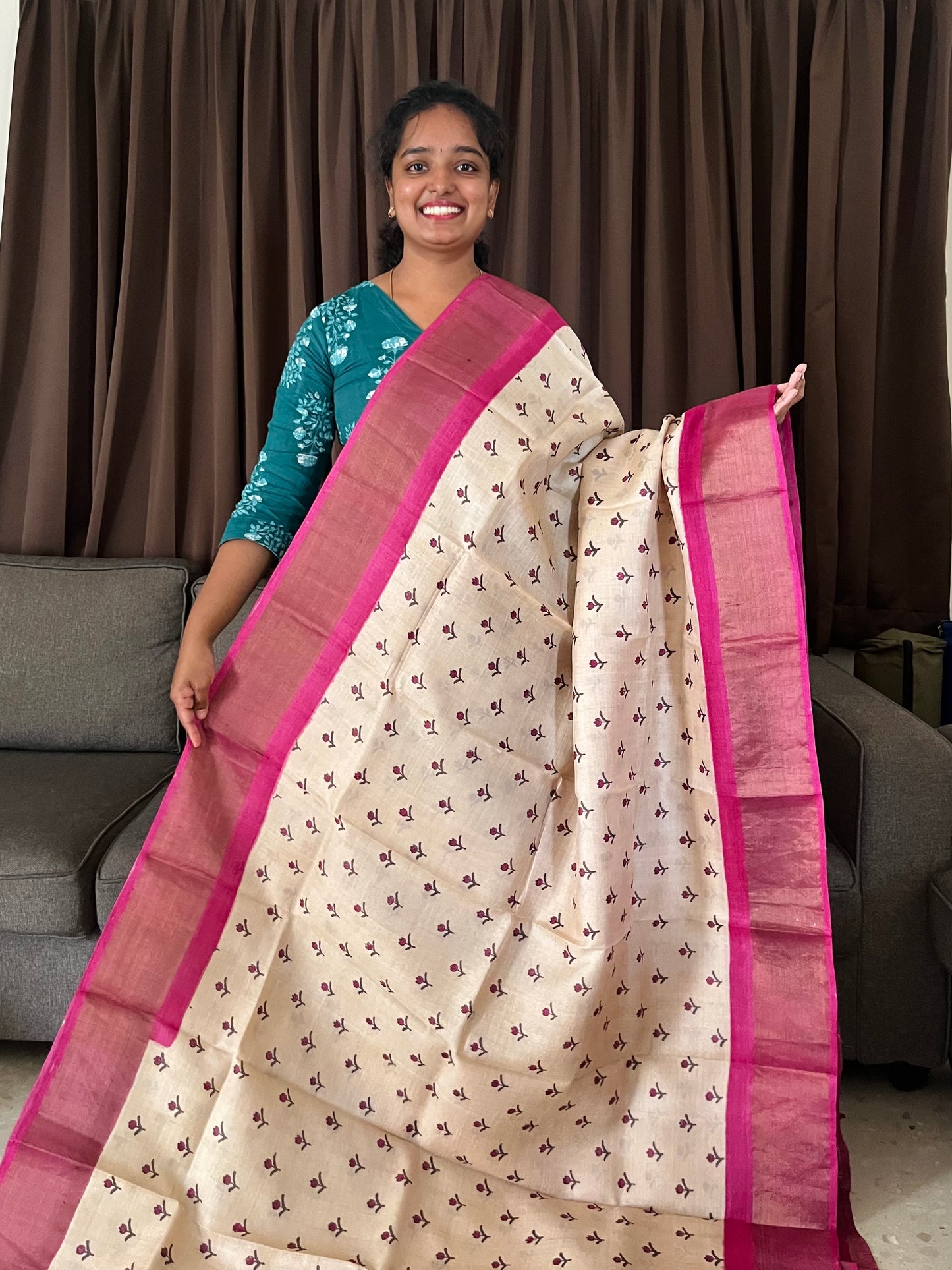 Cream and Magenta Tussar Silk Saree with Prints