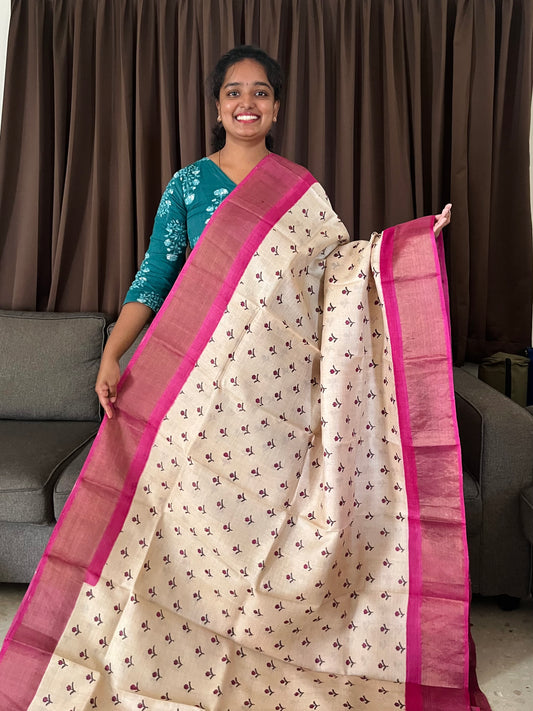 Cream and Magenta Tussar Silk Saree with Prints