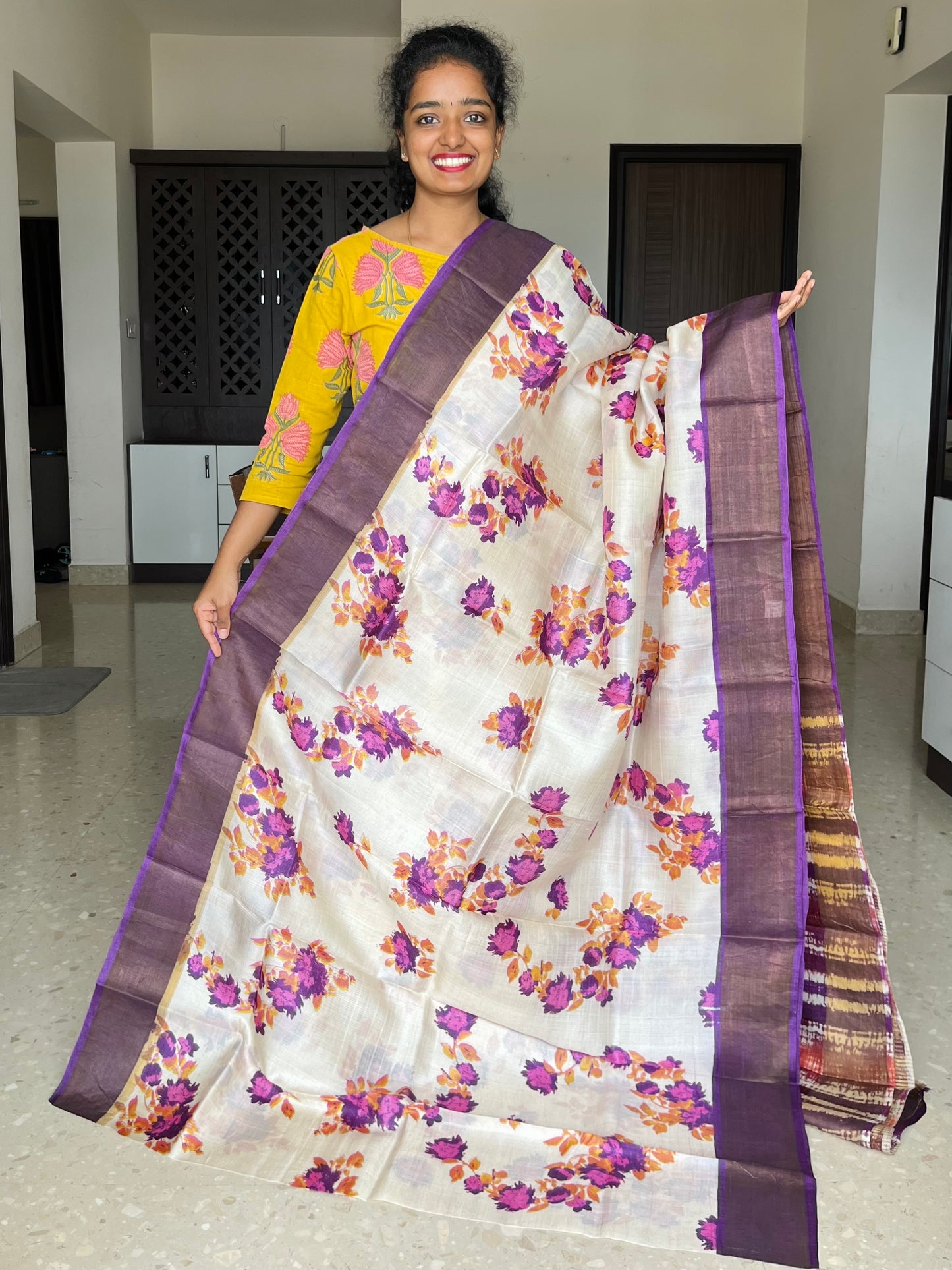 Cream and Violet Tussar Silk Saree with Prints