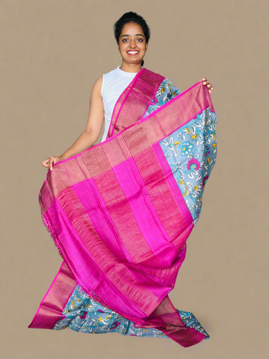 Grey and Magenta Tussar Silk Saree with Prints