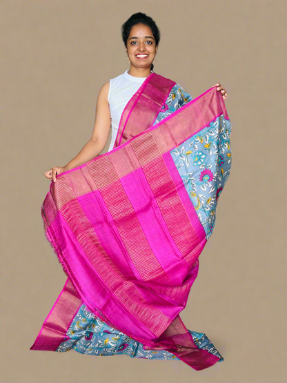 Grey and Magenta Tussar Silk Saree with Prints