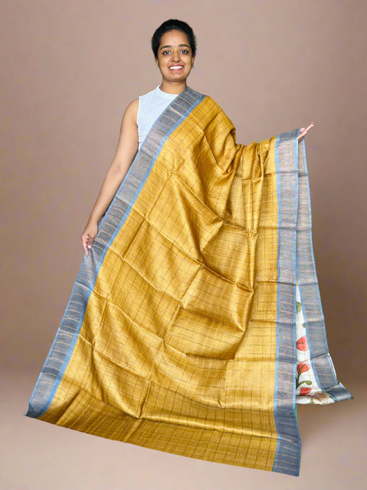 Mustard and Grey Tussar Silk Saree with Prints