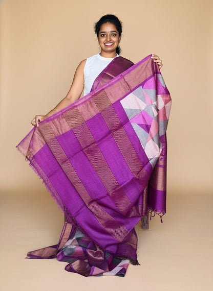Purple Tussar Silk Saree with Prints