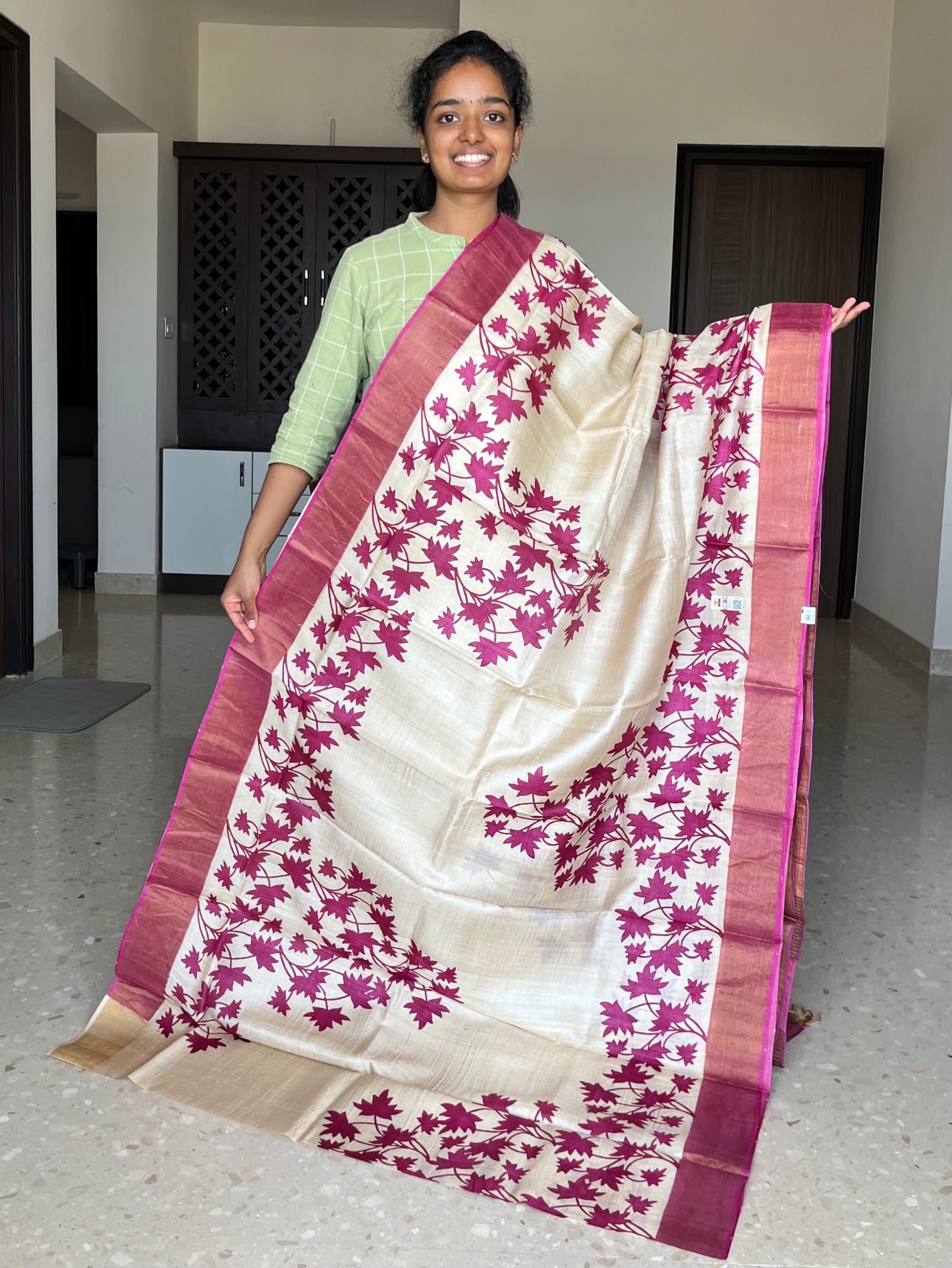 Cream and Magenta Tussar Silk Saree with Prints