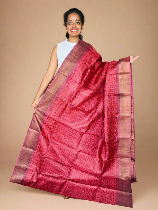 Red and Maroon Tussar Silk Saree with Prints