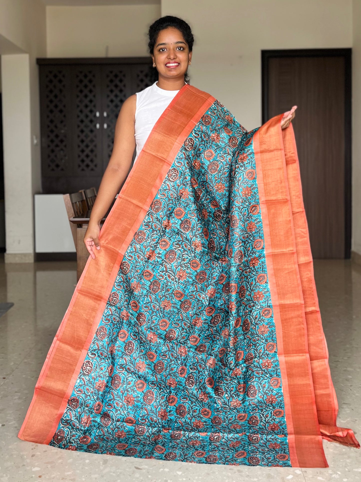 Blue and Orange Tussar Silk Saree with Prints