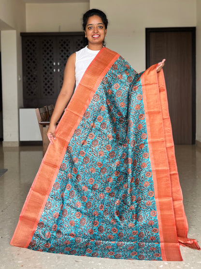 Blue and Orange Tussar Silk Saree with Prints