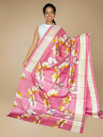 Pink Tussar Silk Saree with Prints