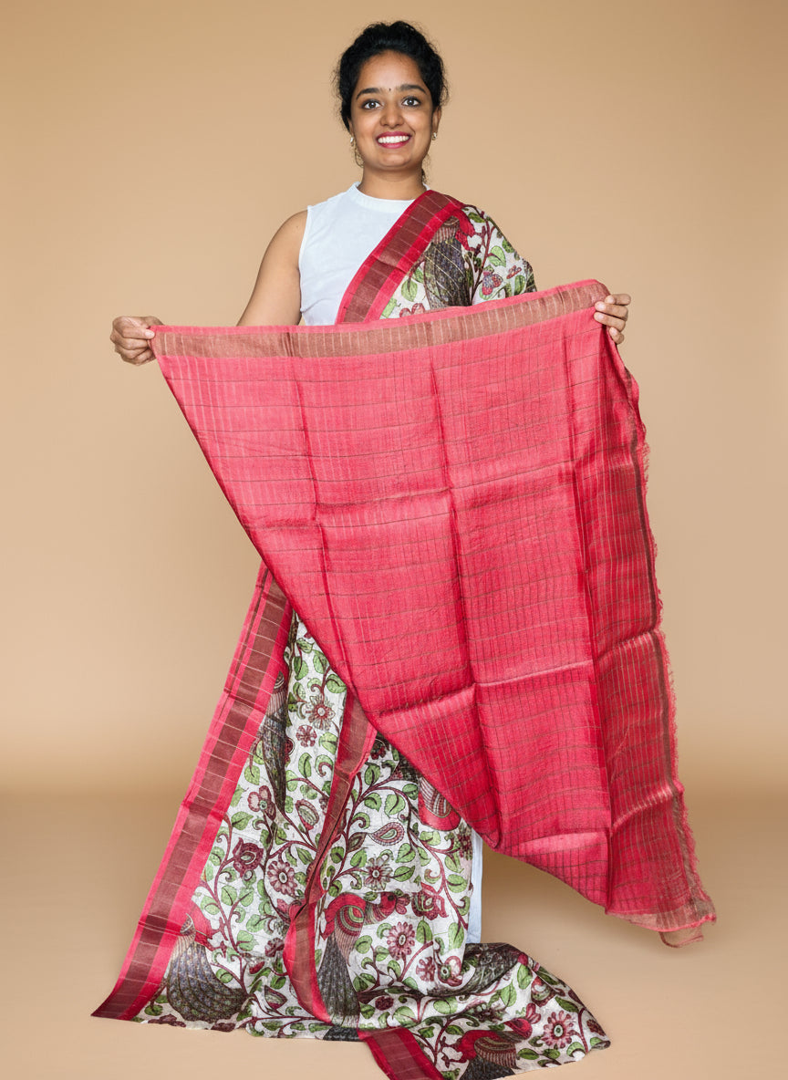 Cream and Red Tussar Silk Saree with Prints