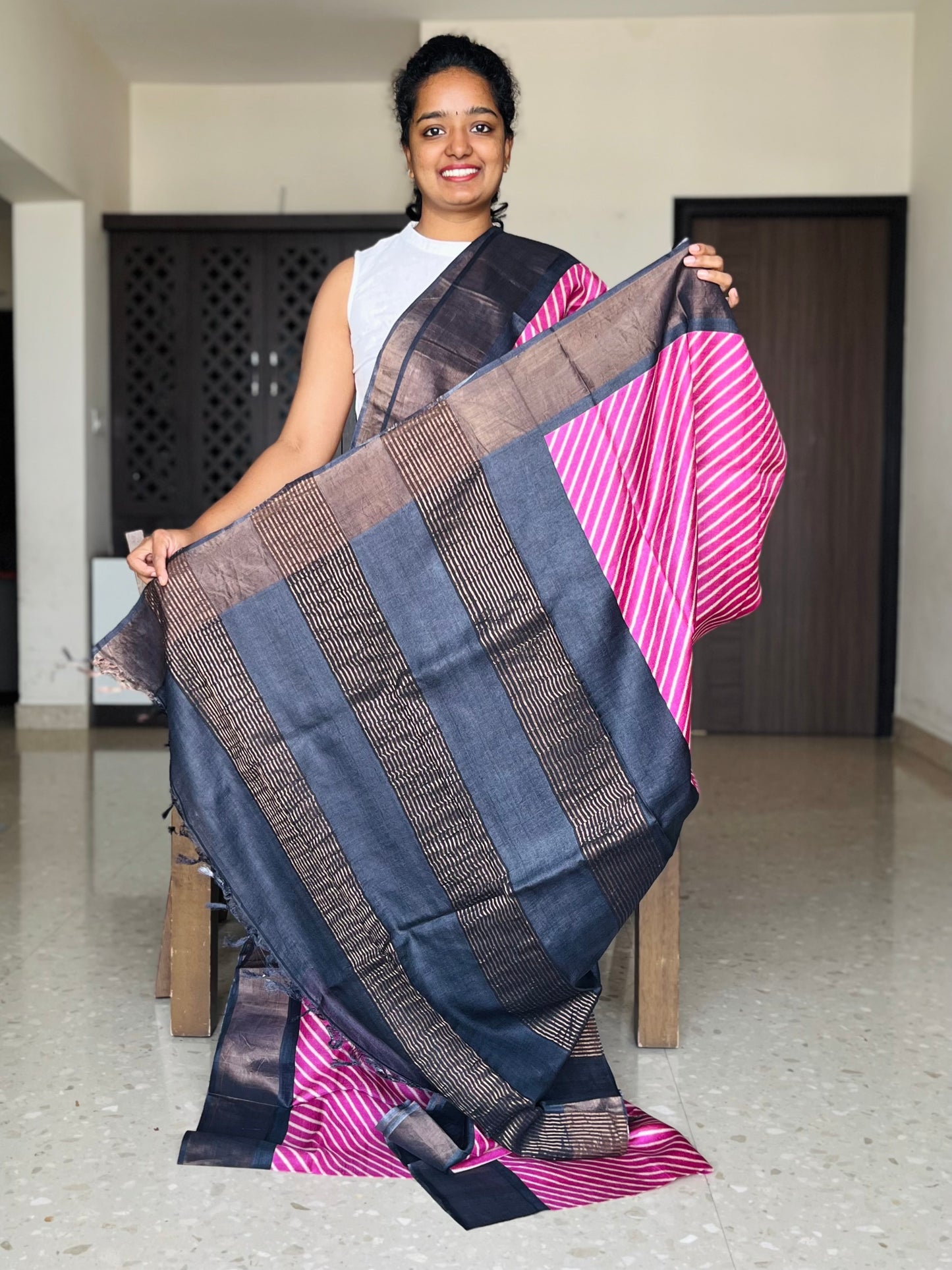 Pink and Black Tussar Silk Saree with Prints