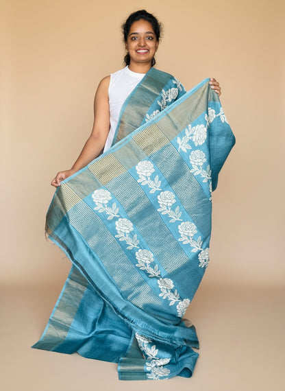 Grey Tussar Silk Saree with Prints