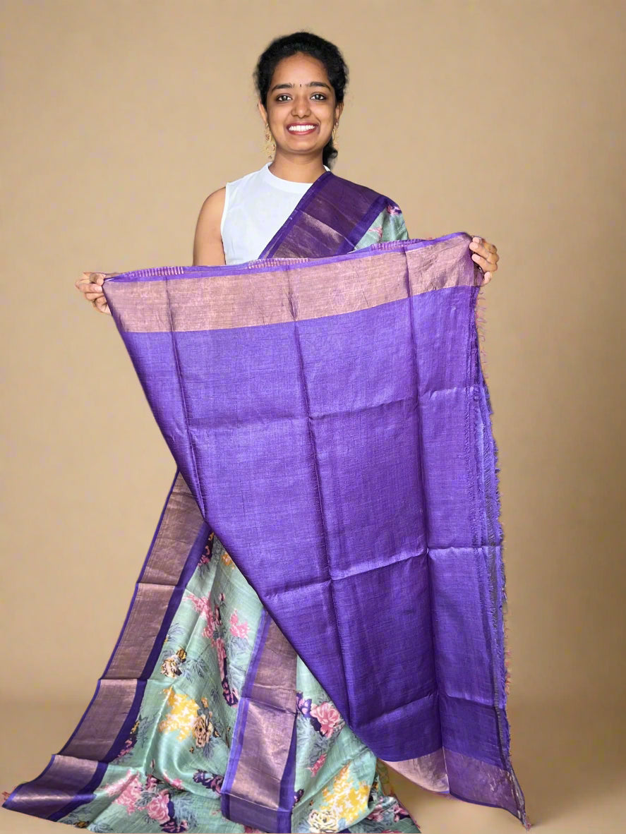 Olive Green and Violet Tussar Silk Saree with Prints