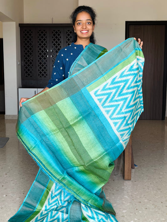 Sky Blue and Green Tussar Silk Saree with Prints