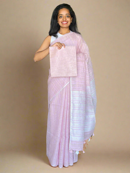 Pink Linen Saree With Woven Stripes