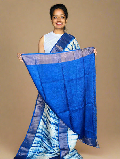Royal Blue Tussar Silk Saree with Shibori Prints