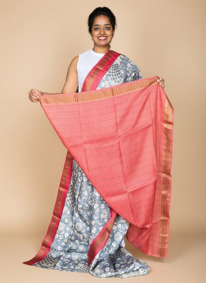Grey and Red Tussar Silk Saree with Prints