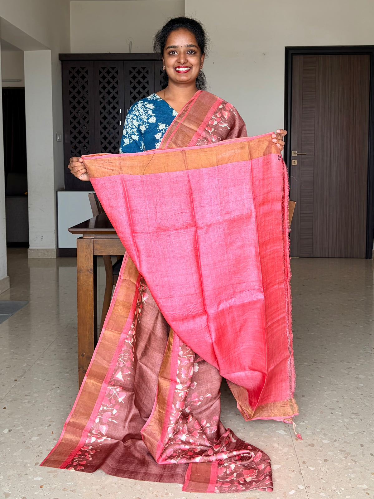 Brown and Peach Tussar Silk Saree with Prints