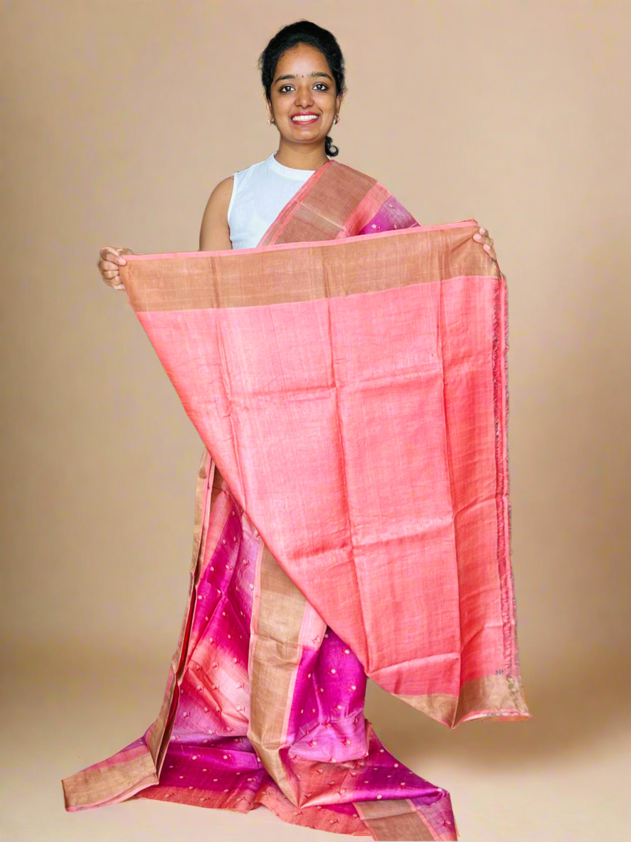 Pink and Peach Tussar Silk Saree with Prints