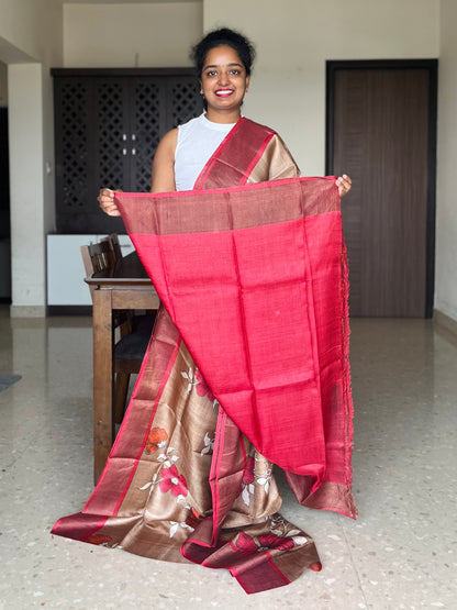 Chickoo Brown Tussar Silk Saree with Prints