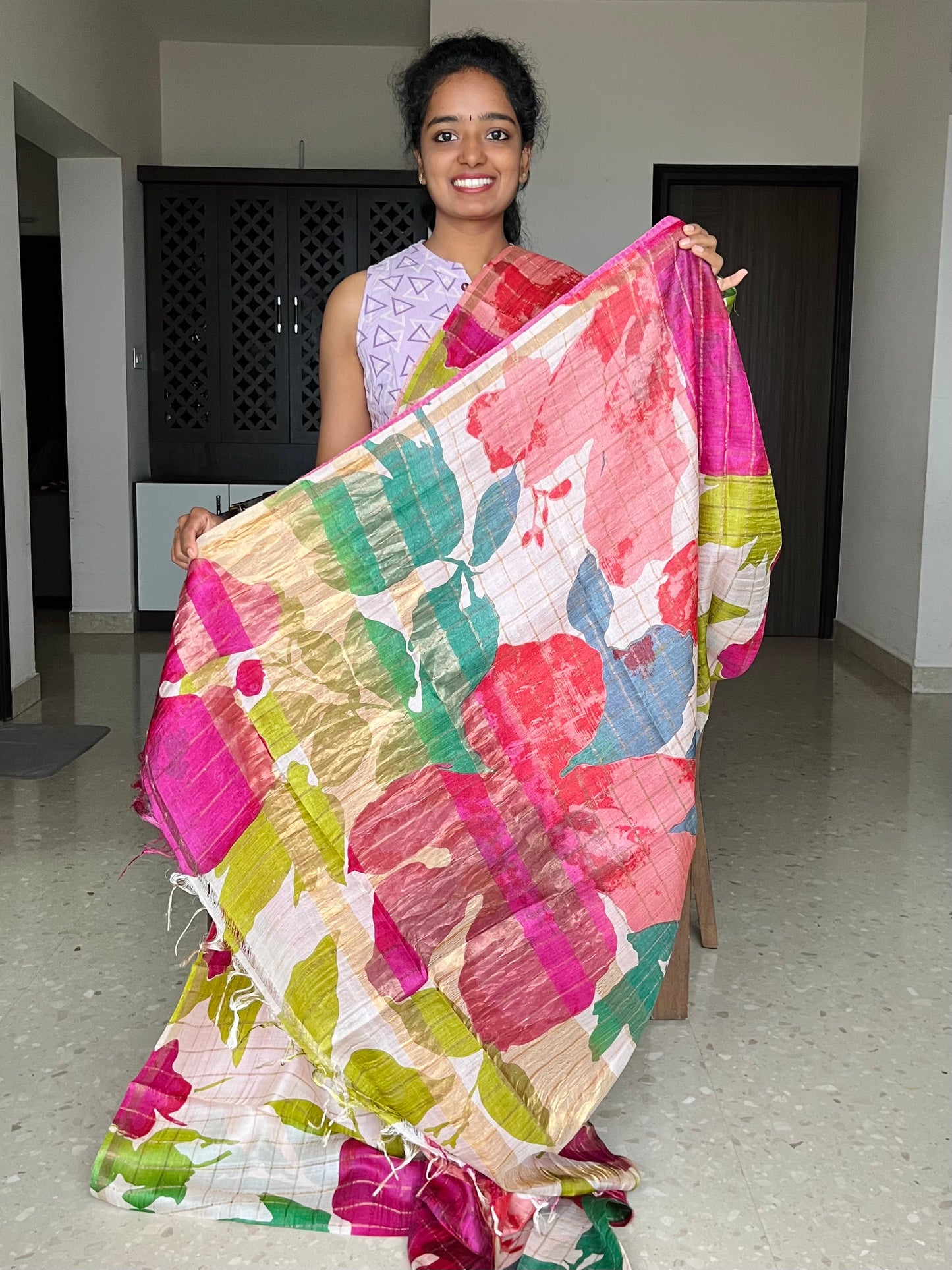 Cream and Rani Pink Tussar Silk Saree with Prints