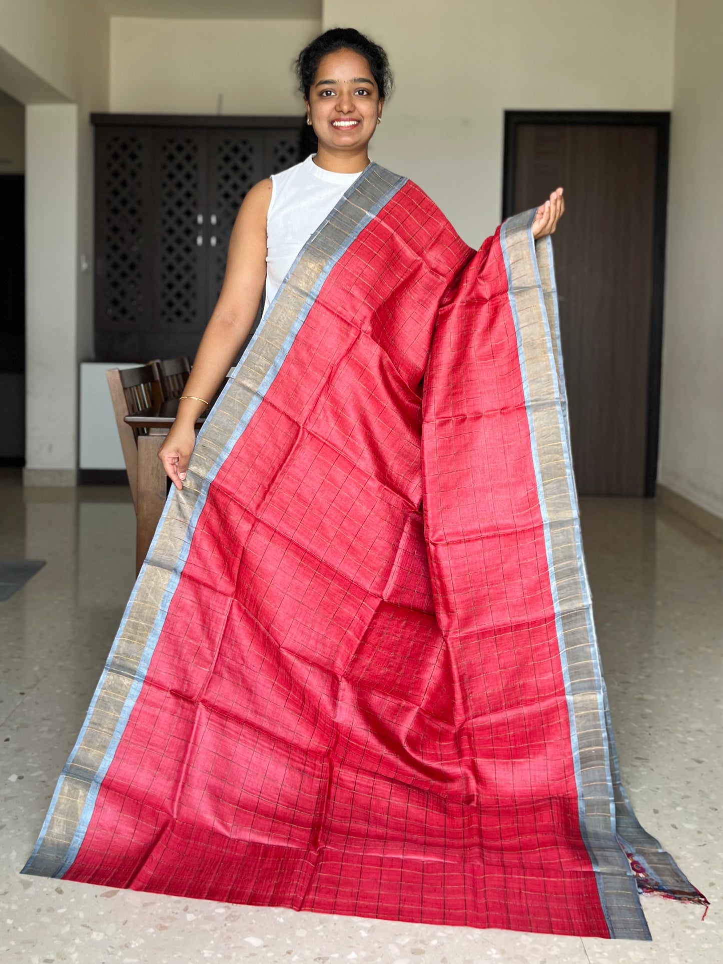 Red and Grey Tussar Silk Saree with Prints