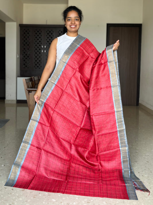 Red and Grey Tussar Silk Saree with Prints