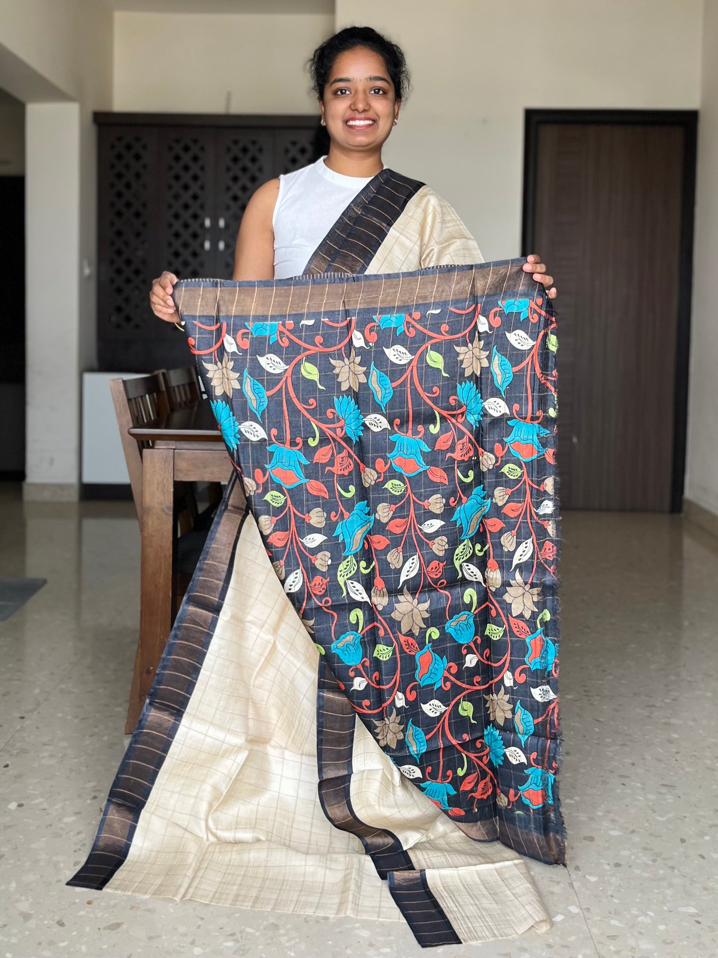 Cream and Black Tussar Silk Saree with Prints