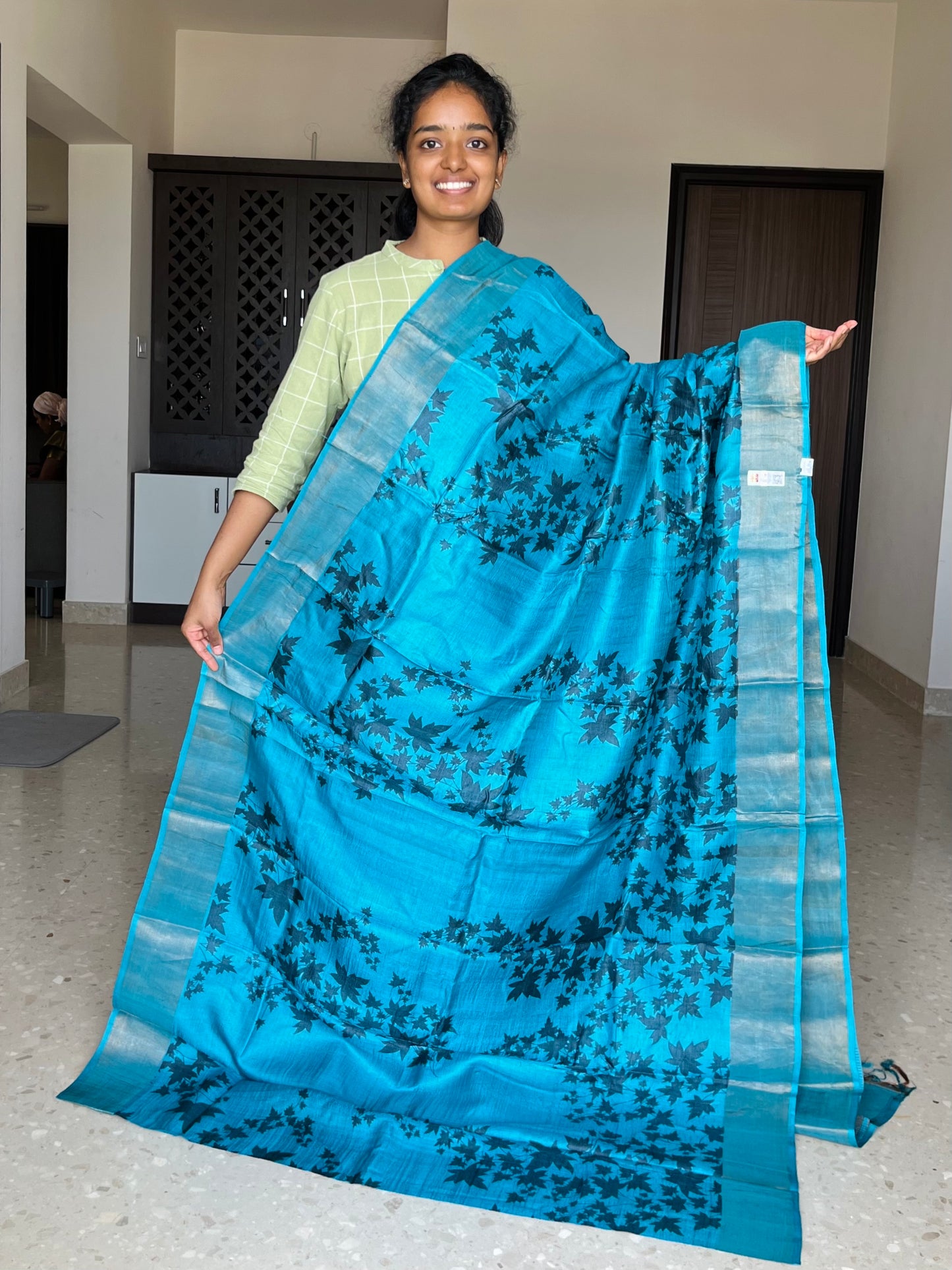 Blue and Black Tussar Silk Saree with Prints