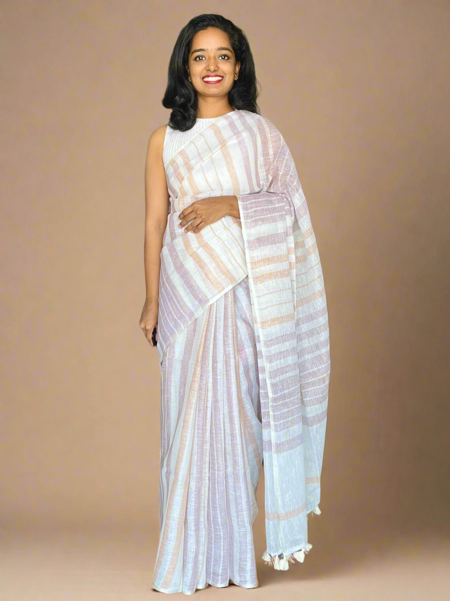 White  Linen Saree With Woven Brown and Orange Stripes